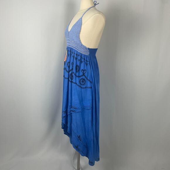 Boho Midi Dress Size Small Blue Embroidered Crochet Hi Low Beach Gypsy Festival - Picture 8 of 16